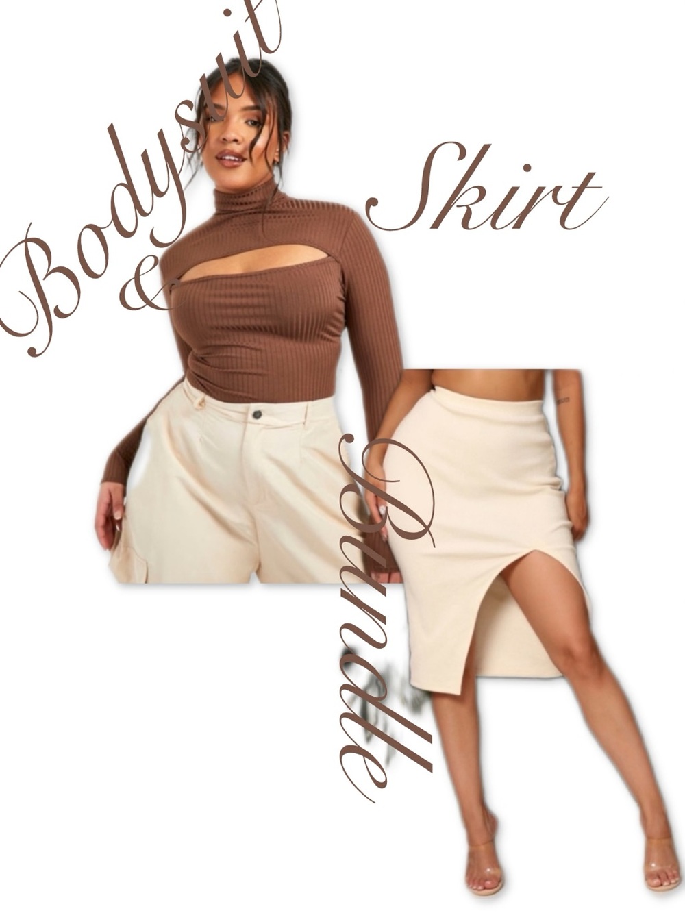 Brown Cutout Ribbed Mock Neck Bodysuit & Cream Asymmetric Skirt Set